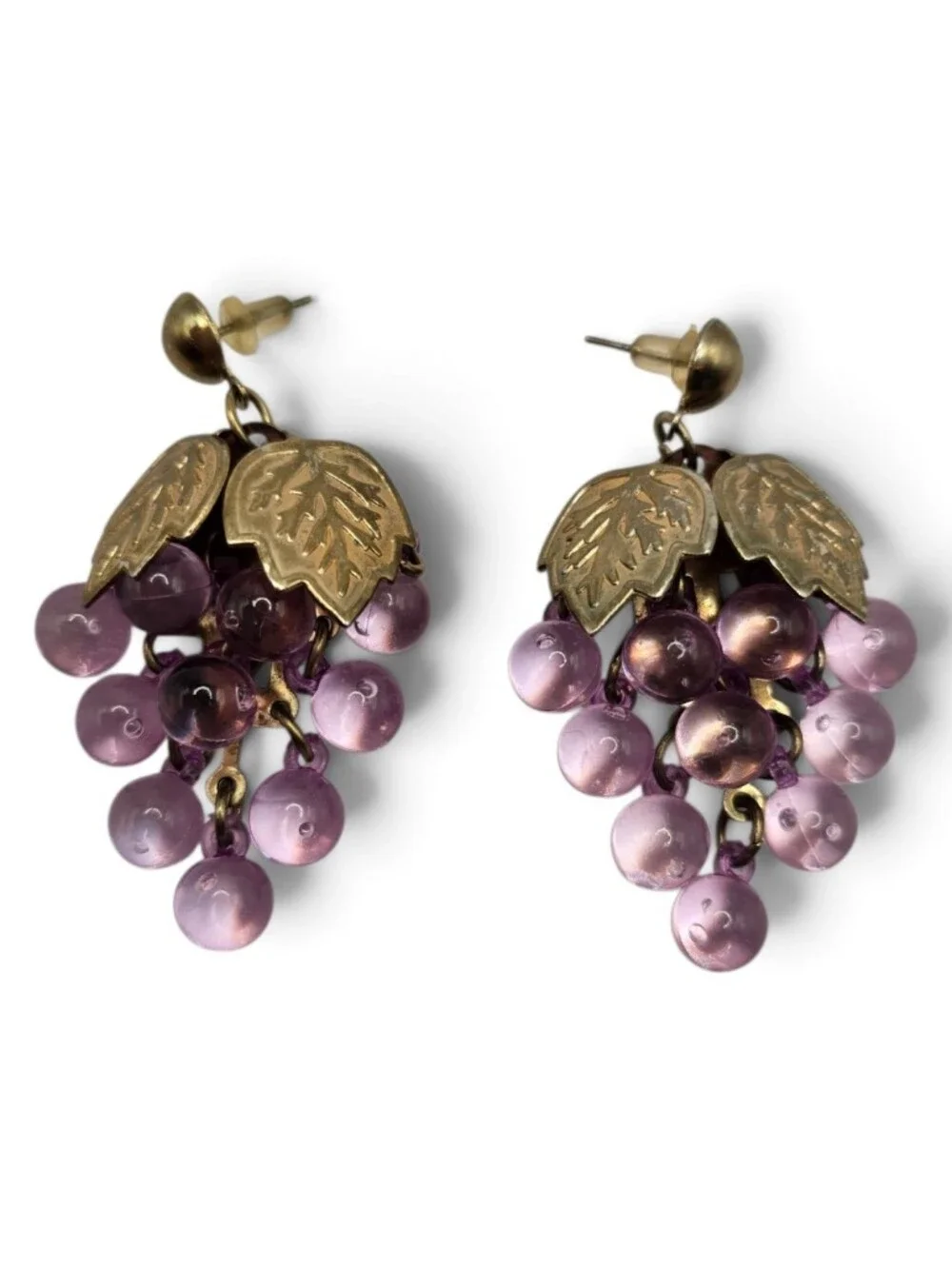 Vintage Purple Grape Cluster Drop Earrings with Gold Leaves